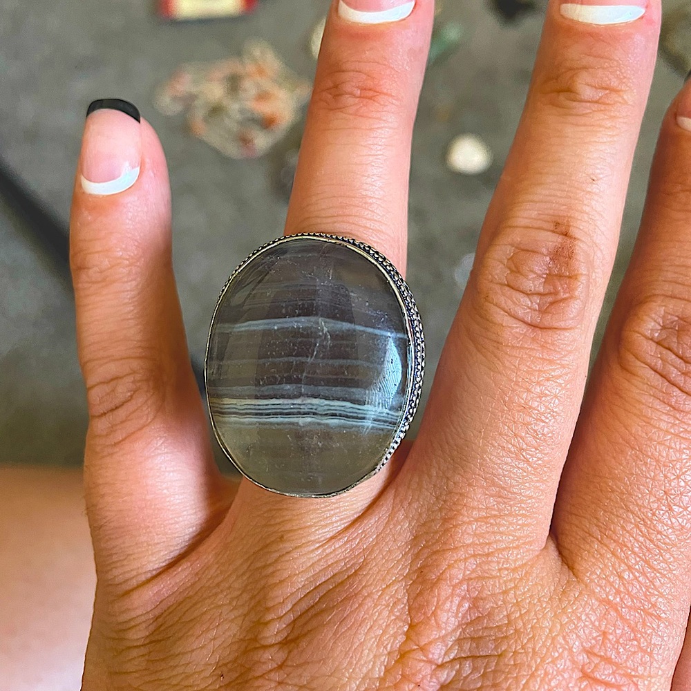 Vintage Statement Boho Agate Sterling Silver 925 Ring Filigree Size 6.5